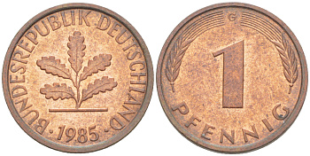 ФРГ 1 ПФЕННИГ 1985 G KM 105, J. 380 сталь плакированная медью 4181-658