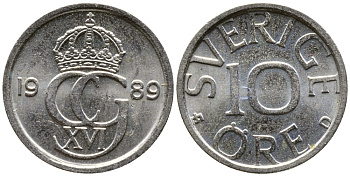 Швеция 10 эре 1989 D, Карл XVI Густав (1973- ) KM 850 медно-никель 26-455