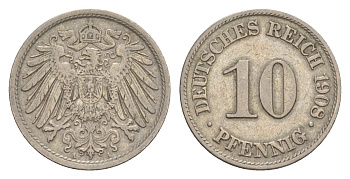 Германия 10 пфеннигов 1908 A, Вильгельм II (1888-1918) KM 12, J. 13 медно-никель 4647-918