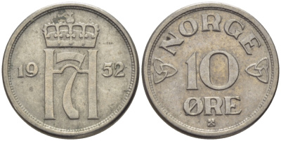 НОРВЕГИЯ 10 ЭРЕ 1952 KM 396 медно-никель 100-122