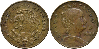 Мексика 5 сентаво 1966 Мо, Жозефа Ортис де Домингес KM 426 латунь 4576-1214