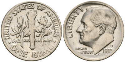 США 1 дайм - 10 центов 1985 D, Рузвельт KM 195а медь плакированная медно-никелем    4608-634