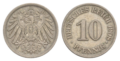Германия 10 пфеннигов 1908 A, Вильгельм II (1888-1918) KM 12, J. 13 медно-никель 4647-918