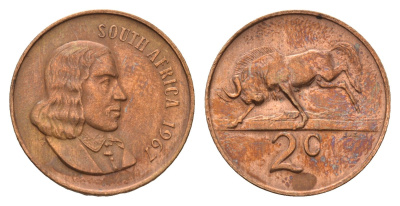 ЮАР 2 цента 1967 Ян ван Рибек (1619-1677), South Africa, легенда на английском, антилопа KM 66.1 бронза aUNC 4122-442