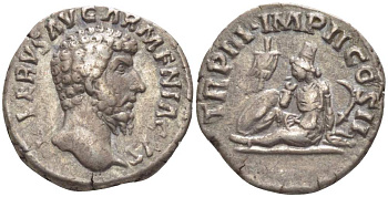 Римская Империя денарий 163 Луций Вер, L VERVS AVG ARMENIACVS, бюст императора / TR P III IMP II COS II , персонификация побежденной Армении, Рим, 3,32 гр RIC 505 серебро 1073-18-64