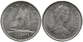 Канада 10 центов 1980 Елизавета II (1952-), парусник KM 77.2 никель 4532-825