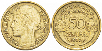 ФРАНЦИЯ 50 САНТИМОВ 1937 ТИП MORLON KM 894.1, LE FRANC 192.13 алюминиевая бронза 3309-1034