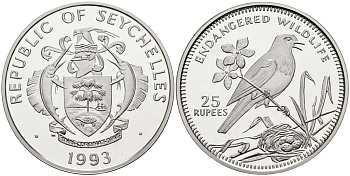 Сейшельские острова 25 рупий 1993 серия защита окружающей среды, сокол Kestrel, тираж 20000 экз. KM 78 серебро PROOF 1095-10-44