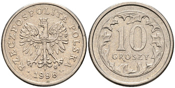 Польша 10 грошей 1998 MW KM 279, Parchimowicz 704e медно-никель 4580-634
