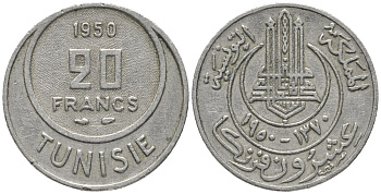 Тунис 20 франков 1950 KM 274 медно-никель 28-1224