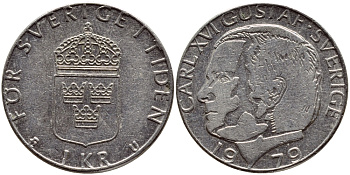 Швеция 1 крона 1979 Карл XVI Густав (1973- ) KM 852 медь плакированная медно-никелем 56-646
