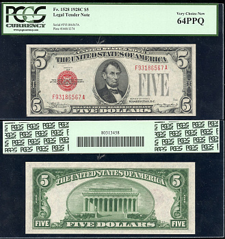 США 5 долларов 1928 серия 1928C, в слабе PCGS 64 PPQ Very Choice New, красный номер Pick 379 с, Fr. 1528  бумага  UNC (пресс) 452-3-30