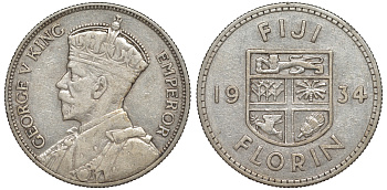 Фиджи 1 флорин 1934 Георг V (1910-1936), герб Фиджи KM 5 серебро 91-1215