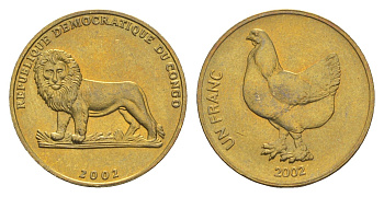 ДР Конго 1 франк 2002 Животные - Петух KM 82 латунь 4651-619