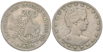 Бразилия 200 реалов 1901 MCMI, голова свободы вправо KM 504 медно-никель 4612-225