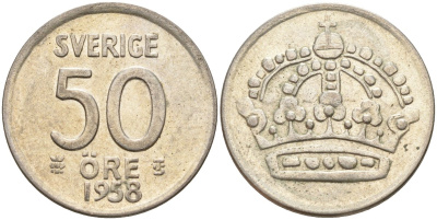 Швеция 50 эре 1958 TS, Густав VI Адольф (1950-1973) KM 825 серебро 4148-944
