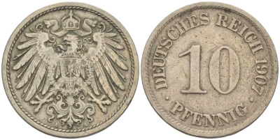 Германия 10 пфеннигов 1907 A KM 12, J. 13 медно-никель 31-113