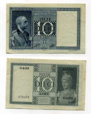 Италия 10 лир 1939 Король Виктор Эммануил III Pick 25 c, Grapanzano BS 45 бумага aUNC 000-00-00