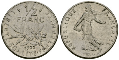 Франция 1/2 франка 1977 сеятель KM 931 никель 4135-716
