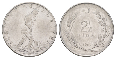 Турция 2 1/2 лиры 1964 KM 893.1 нержавеющая сталь 4645-512