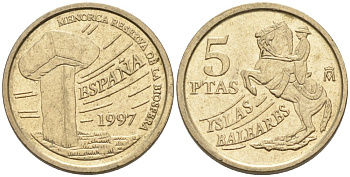 Испания 5 песет 1997 Хуан Карлос I (1975-2014), Балеарские острова, всадник KM 981 алюминиевая бронза 71-637