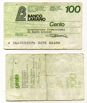 Италия чек на 100 лир 1976 Banco Lariano, ассоциация торговцев busto arsizio, 10 ноября 1976 бумага 8588-15-3-1