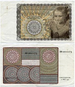 Нидерланды 25 гульденов 1940 принцесса, Амстердам, 20 мая 1940 Pick 57 бумага XF 451-65-2