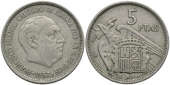 Испания 5 песет 1957 (58) Франсиско Франко (1939-1975) KM 786 медно-никель 4171-515