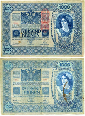 АВСТРИЯ 1000 КРОН 1919 КРАСНАЯ ВЕРТИКАЛЬНАЯ НАДПЕЧАТКА НА 1902 Pick 59 бумага 7147-9-2