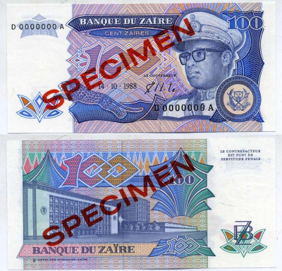 Заир 100 заиров 1988 Мобуту Сесе Секо в военной форме, Центральный банк в Киншасе. Образец, Specimen Pick 33s бумага UNC (пресс) 6289-1-2-1