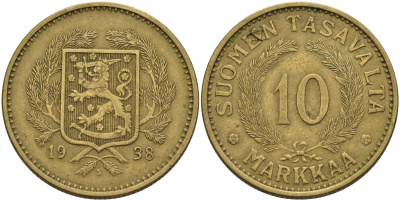 Финляндия 10 марок 1938 S KM 63 алюминиевая бронза    4150-513