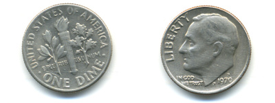 США 10 ЦЕНТОВ = 1 ДАЙМ 1970 D, РУЗВЕЛЬТ KM 195a медь плакированная медно-никелем 89-531