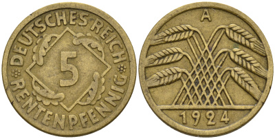 Германия 5 рентенпфеннигов 1924 А KM 39 J. 308 алюминиевая бронза    4152-1149