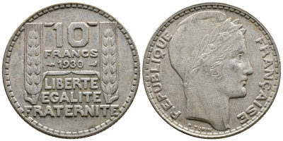 Франция 10 франков 1930 Пьер Тюрен KM 878, Le Franc 360.3 серебро 79-545