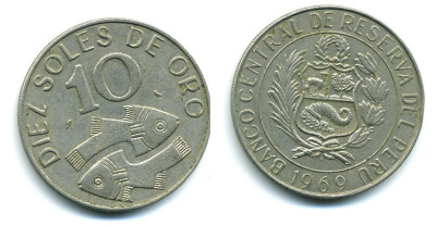 ПЕРУ 10 СОЛЬ 1969 РЫБЫ KM 253 медно-никель 04-355