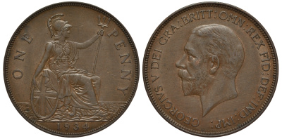 Великобритания 1 пенни 1934 Георг V (1910-1936) КМ 838, Spink 4055 бронза 650-223