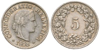 Швейцария 5 раппенов 1908 B KM 26 медно-никель 4160-412