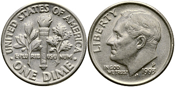 США 10 ЦЕНТОВ = 1 ДАЙМ 1993 P, РУЗВЕЛЬТ KM 195а медь плакированная медно-никелем 46-2052