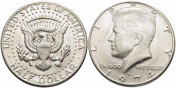 США 1/2 доллара (50 центов) 1974 D, Джон Кеннеди KM 202b медь плакированная медно-никелем 84-734