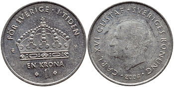 Швеция 1 крона 2004 Карл XVI Густав (1973- ) KM 894 медно-никель 179-221