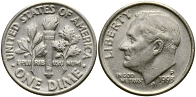 США 10 ЦЕНТОВ = 1 ДАЙМ 1993 P, РУЗВЕЛЬТ KM 195а медь плакированная медно-никелем 46-2052