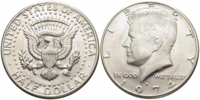 США 1/2 доллара (50 центов) 1974 D, Джон Кеннеди KM 202b медь плакированная медно-никелем 84-734