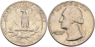 США 25 центов (квотер) 1967 Вашингтон KM 164a медь плакированная медно-никелем 4589-1224