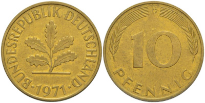 ФРГ 10 ПФЕННИГОВ 1971 G KM 108, J. 383 сталь плакированная латунью 219-443