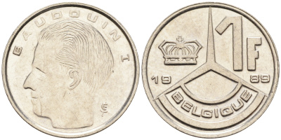 Бельгия 1 франк 1989 Belgique, Бодуэн I (1951-1993) KM 170 железо плакированное никелем 4588-512
