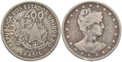 Бразилия 400 реалов 1901 MCMI, голова свободы вправо KM 505 медно-никель 4612-447
