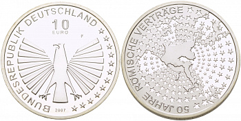 ФРГ 10 евро 2007 F, 50 лет Римскому договору KM 264, DE.S. 10.30 серебро PROOF 01-233-15