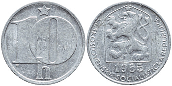 ЧЕХОСЛОВАКИЯ 10 ГЕЛЛЕРОВ 1985 СОЦИАЛИСТИЧЕСКАЯ РЕСПУБЛИКА KM 80 алюминий 4396-564