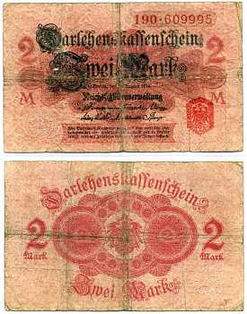 Германия 2 марки 1914 12 августа 1914, БУМАГА РОЗОВАЯ, ПЕЧАТЬ КРАСНАЯ, серия 190, выпуск 1917 Pick 54, Роземберг 52с бумага F 6280-34-2-2