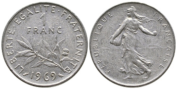 ФРАНЦИЯ 1 ФРАНК 1969 СЕЯТЕЛЬ KM 925.1 никель 59-412